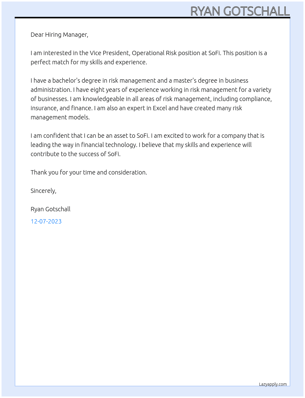 Vice President, Operational Risk At SoFi Cover Letter