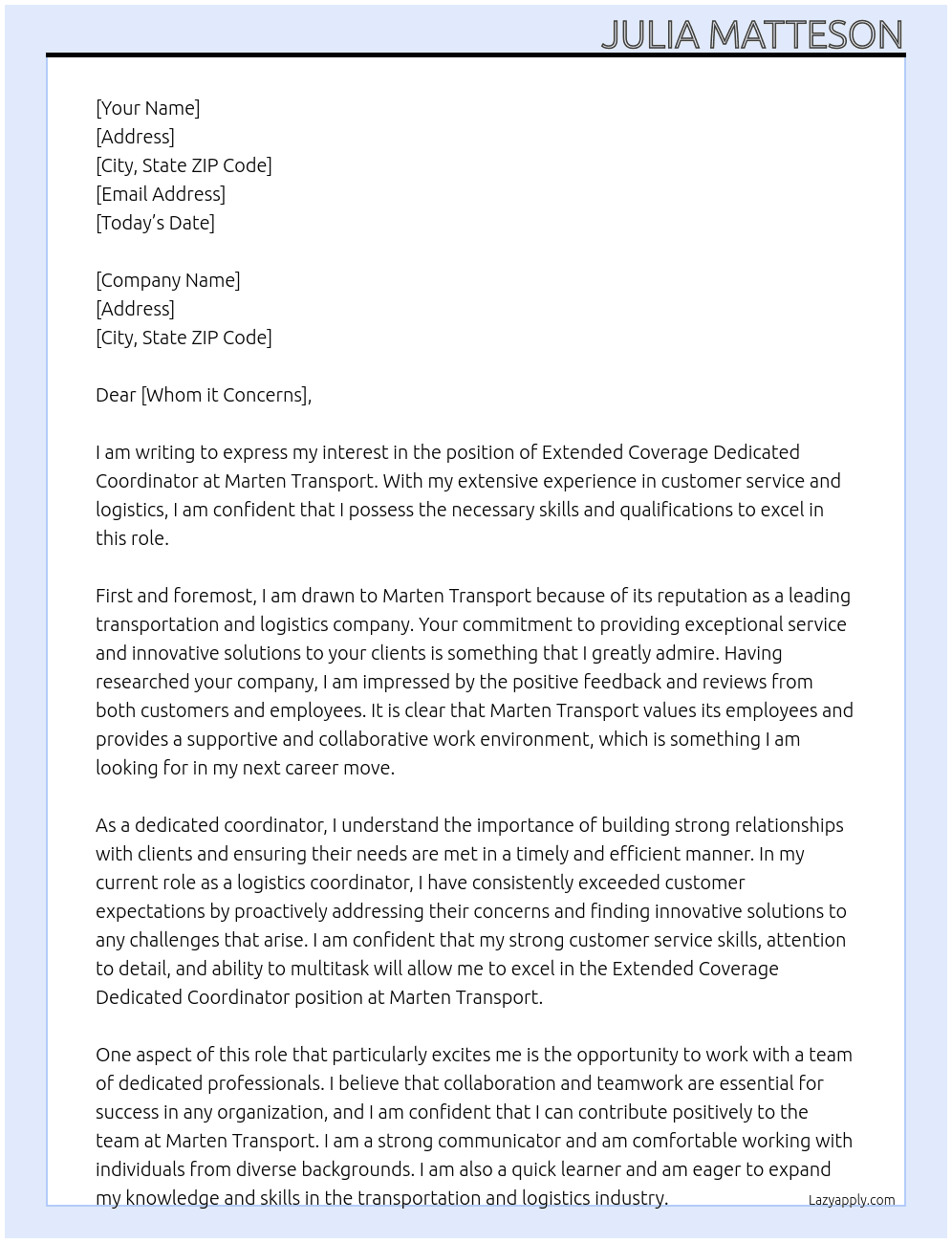 Extended Coverage Dedicated Coordinator At Marten Transport Cover Letter