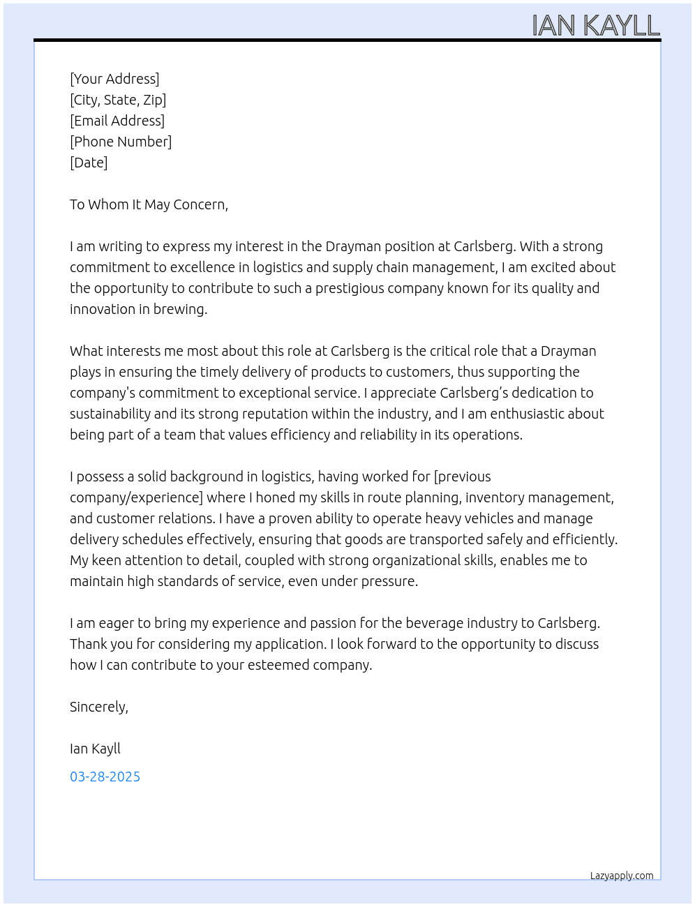 Drayman At Carlsberg  Cover Letter