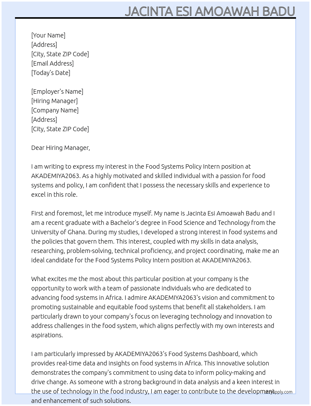 Food Systems Policy Intern At AKADEMIYA2063 Cover Letter
