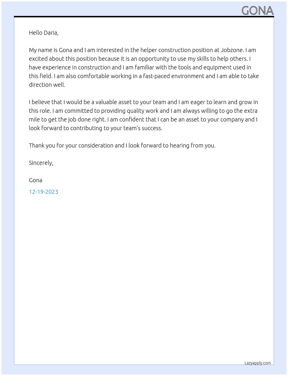 Helper construction  At Jobzone  Cover Letter