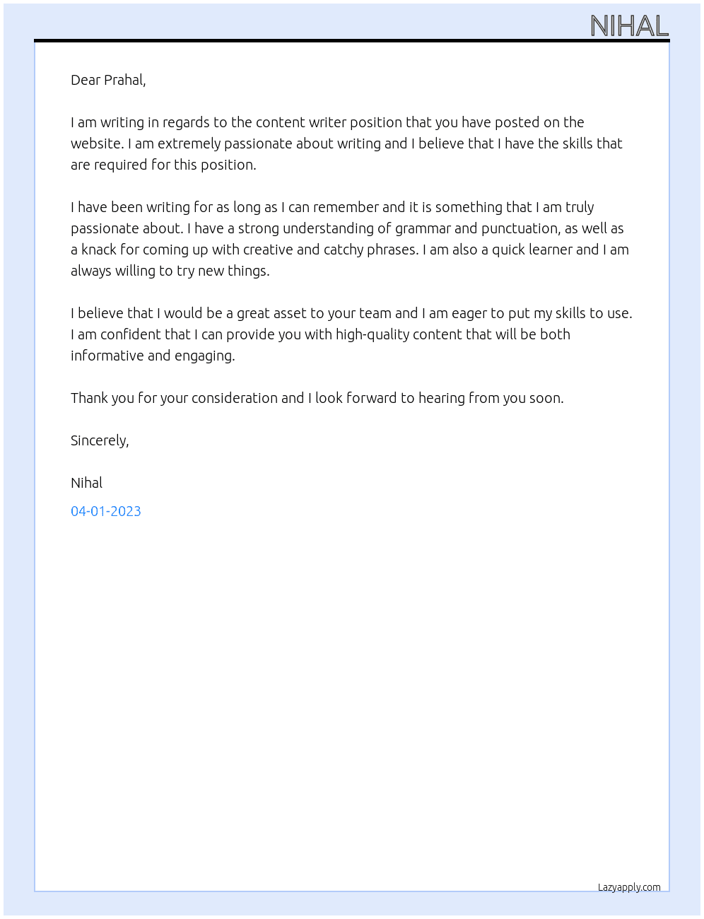 Content writer At Website Cover Letter