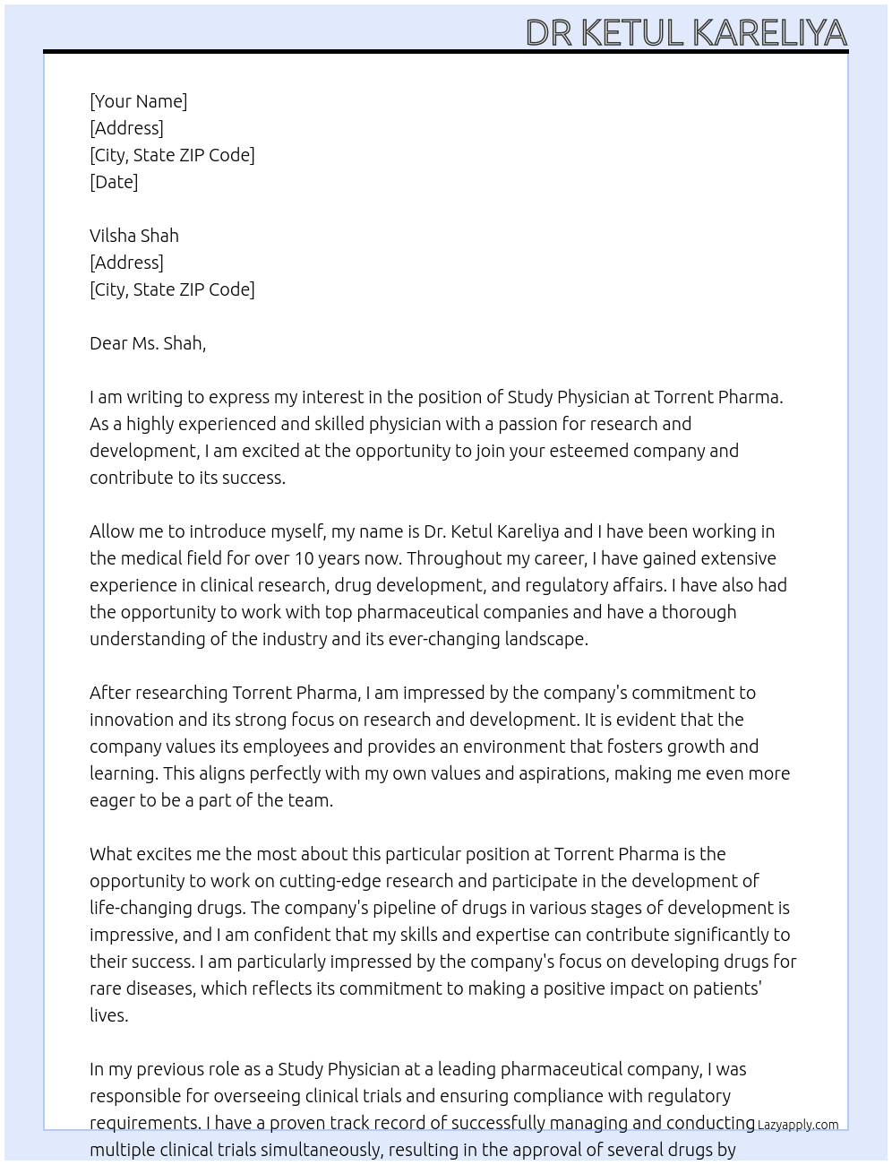 Study Physician At Torrent Pharma Cover Letter