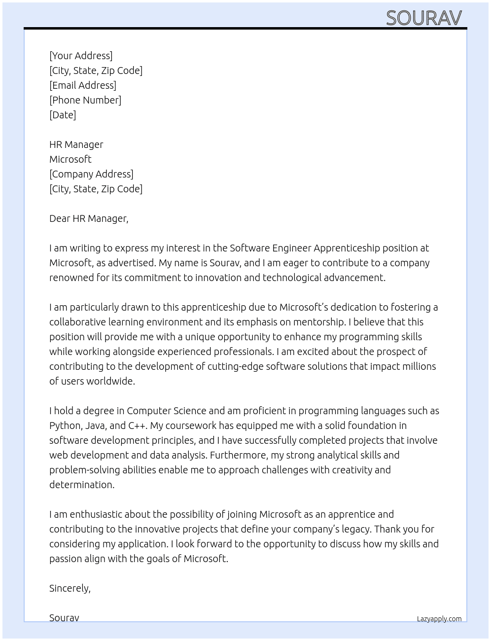 Cover letter for software engineer apprenticeship - LazyApply