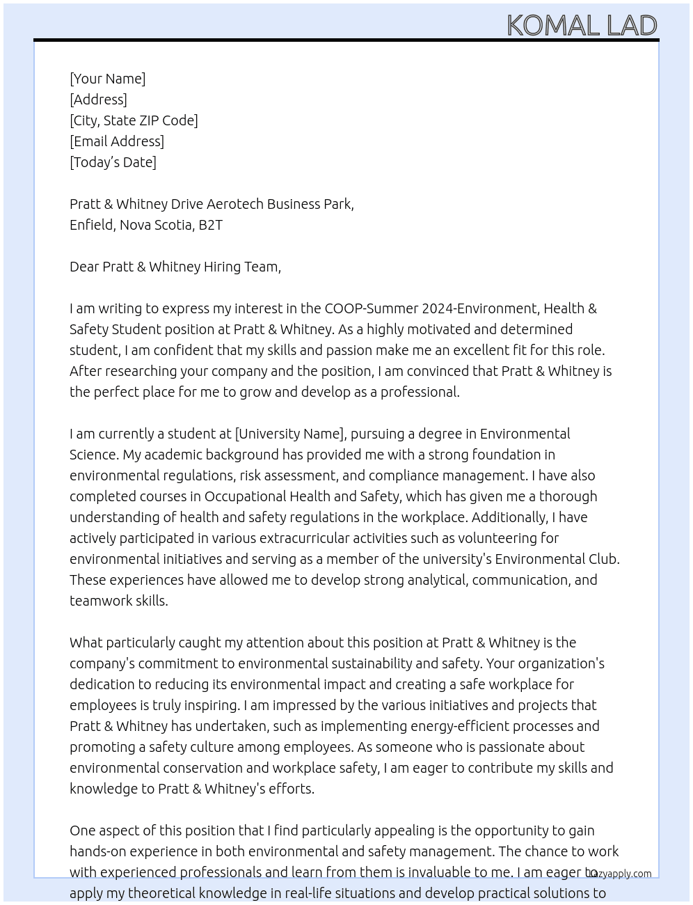 COOP-Summer 2024-Environment, Health & Safety Student At Pratt & Whitney Drive Aerotech Business Park,Enfield,Nova Scotia,B2T Cover Letter
