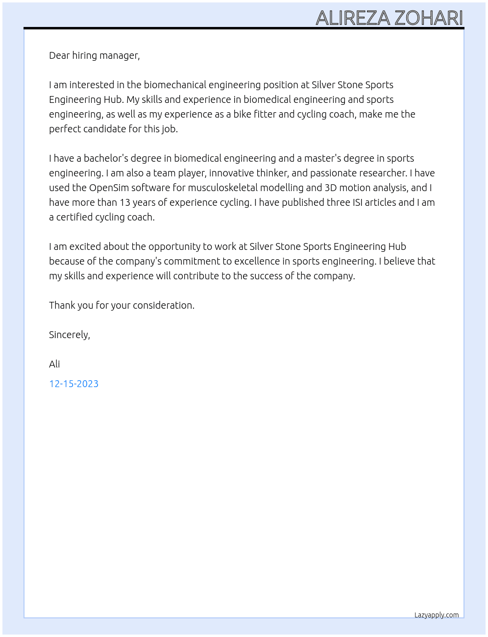 Biomechanic engineering  At Silver stone Sports engineering Hub Cover Letter