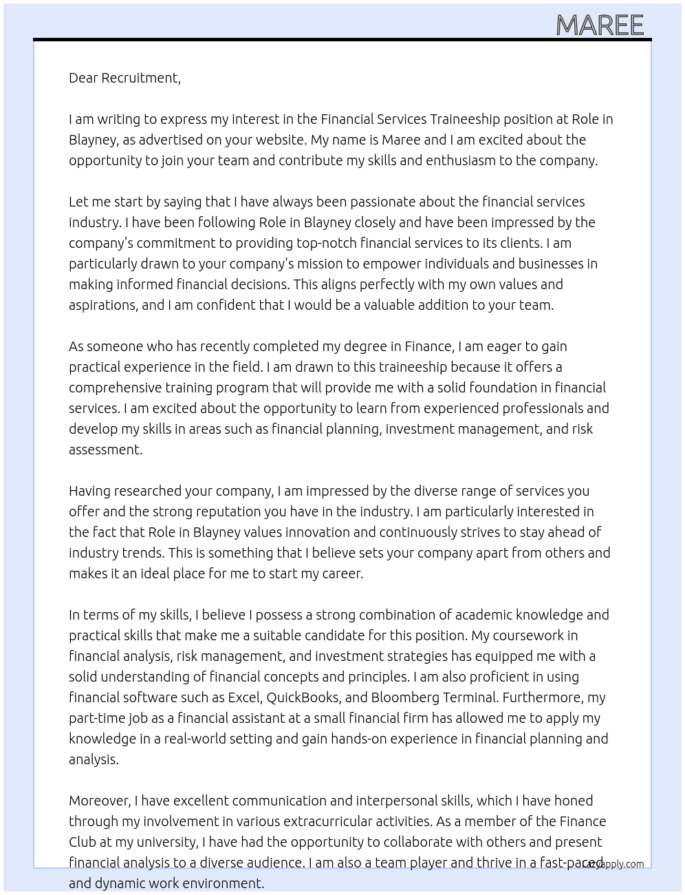 Financial Services Traineeship At Role in Blayney Cover Letter