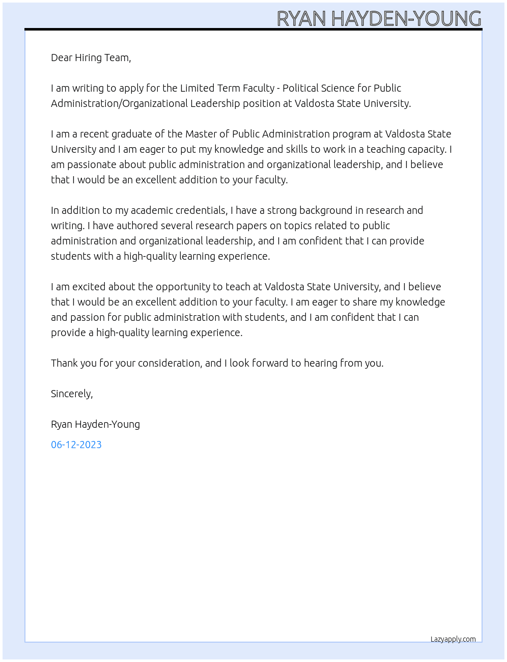 Limited Term Faculty - Political Science for Public Administration/Organizational Leadership At Valdosta State University Cover Letter