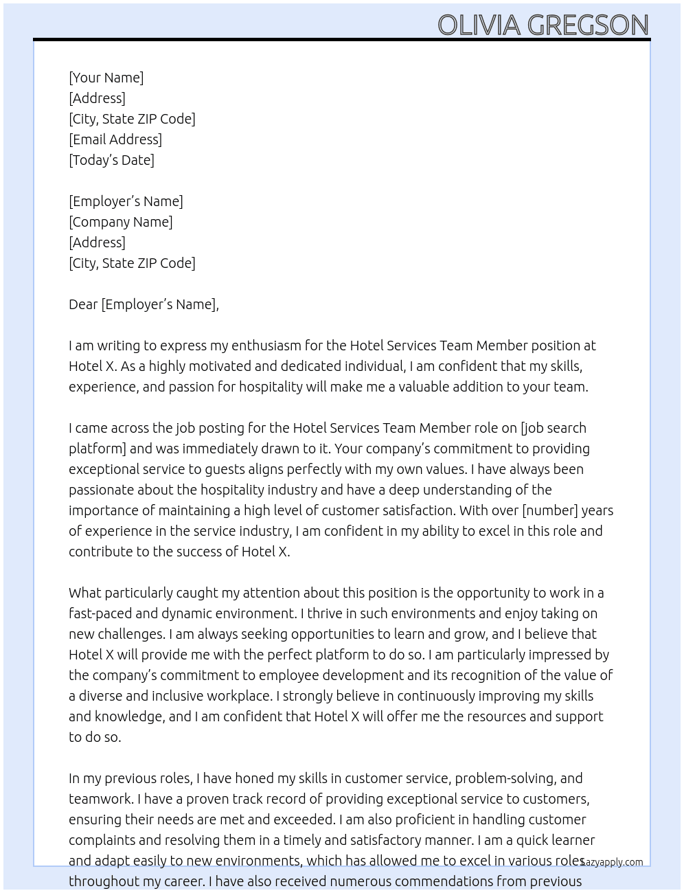 Hotel Services Team Member At Hotel X Cover Letter