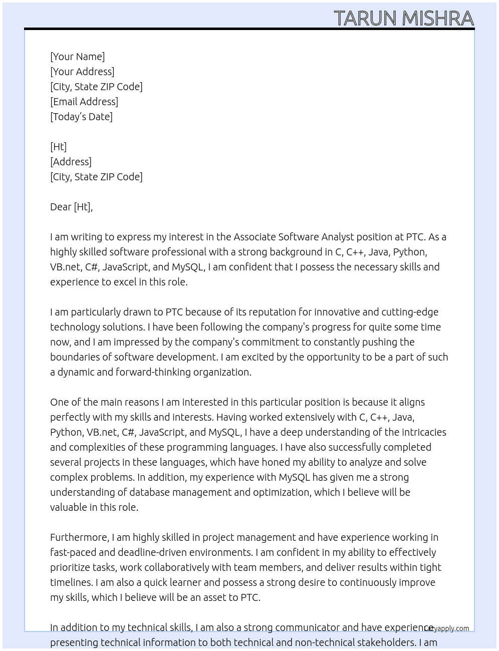 Associate Software Analyst At PTC Cover Letter