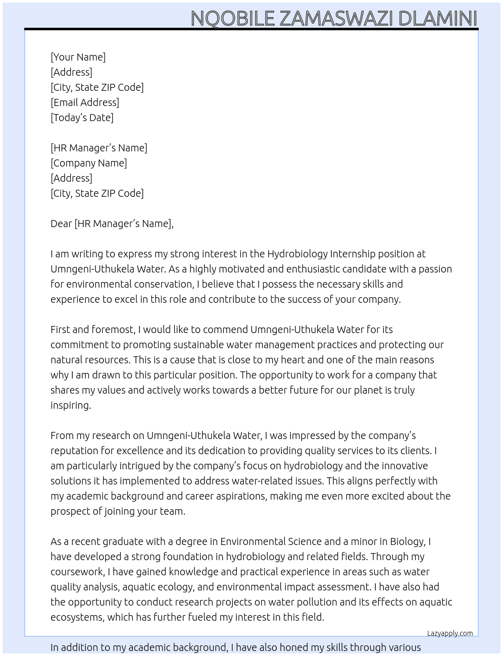 hydrobiology internship At umngeni-uthukela water Cover Letter