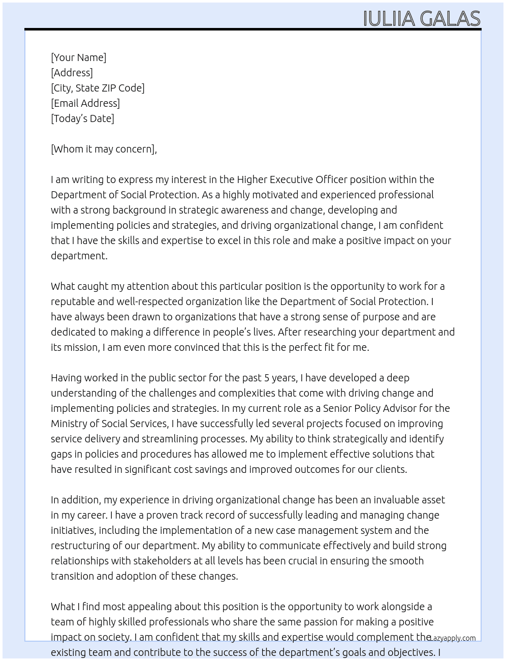 Higher Executive Officer At Department of Social Protection  Cover Letter