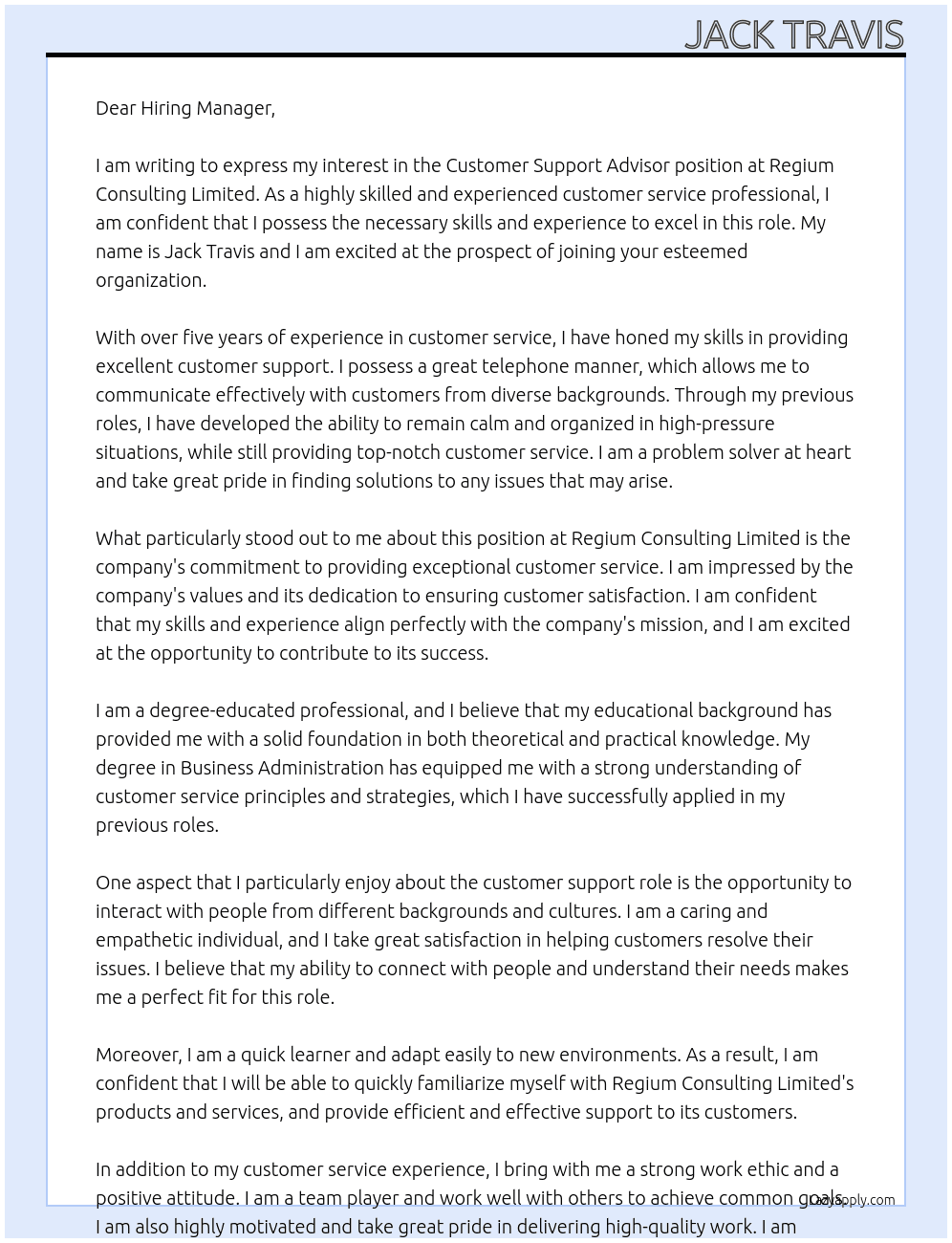 Customer Support Advisor At Regium Consulting Limited  Cover Letter