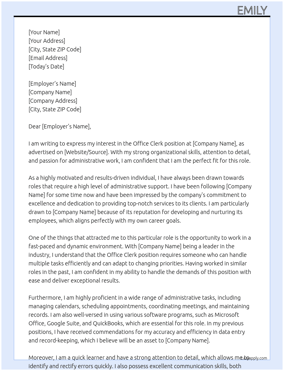 office clerk At anyhing  Cover Letter