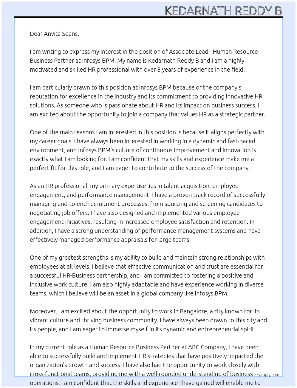 Associate Lead - Human Resource Business Partner At Infosys BPM Cover Letter