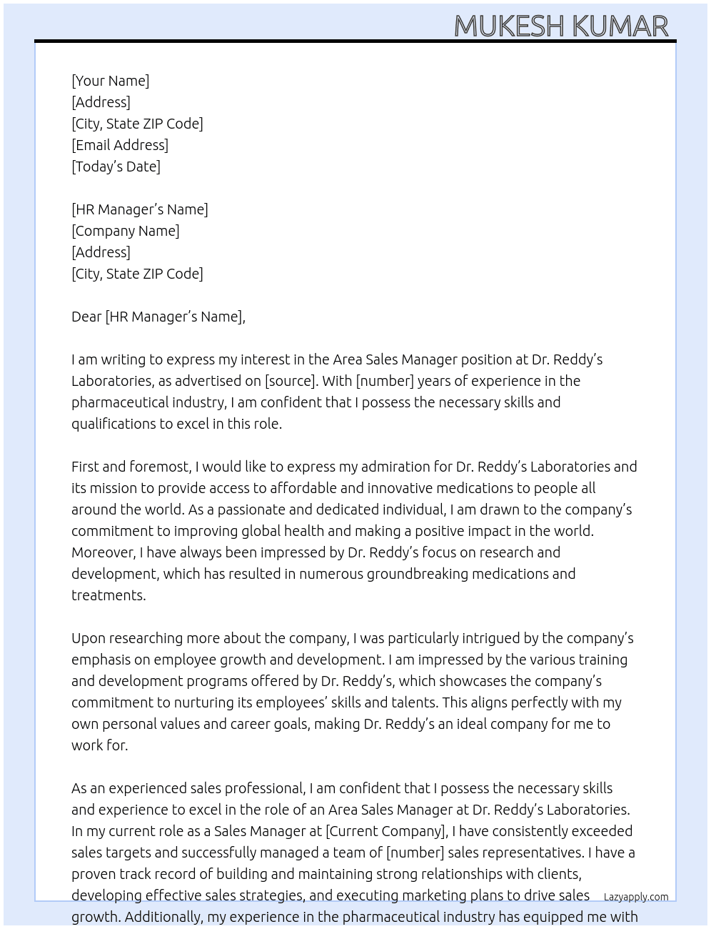 Area Sales Manager  At Dr.Reddy's Laboratories  Cover Letter