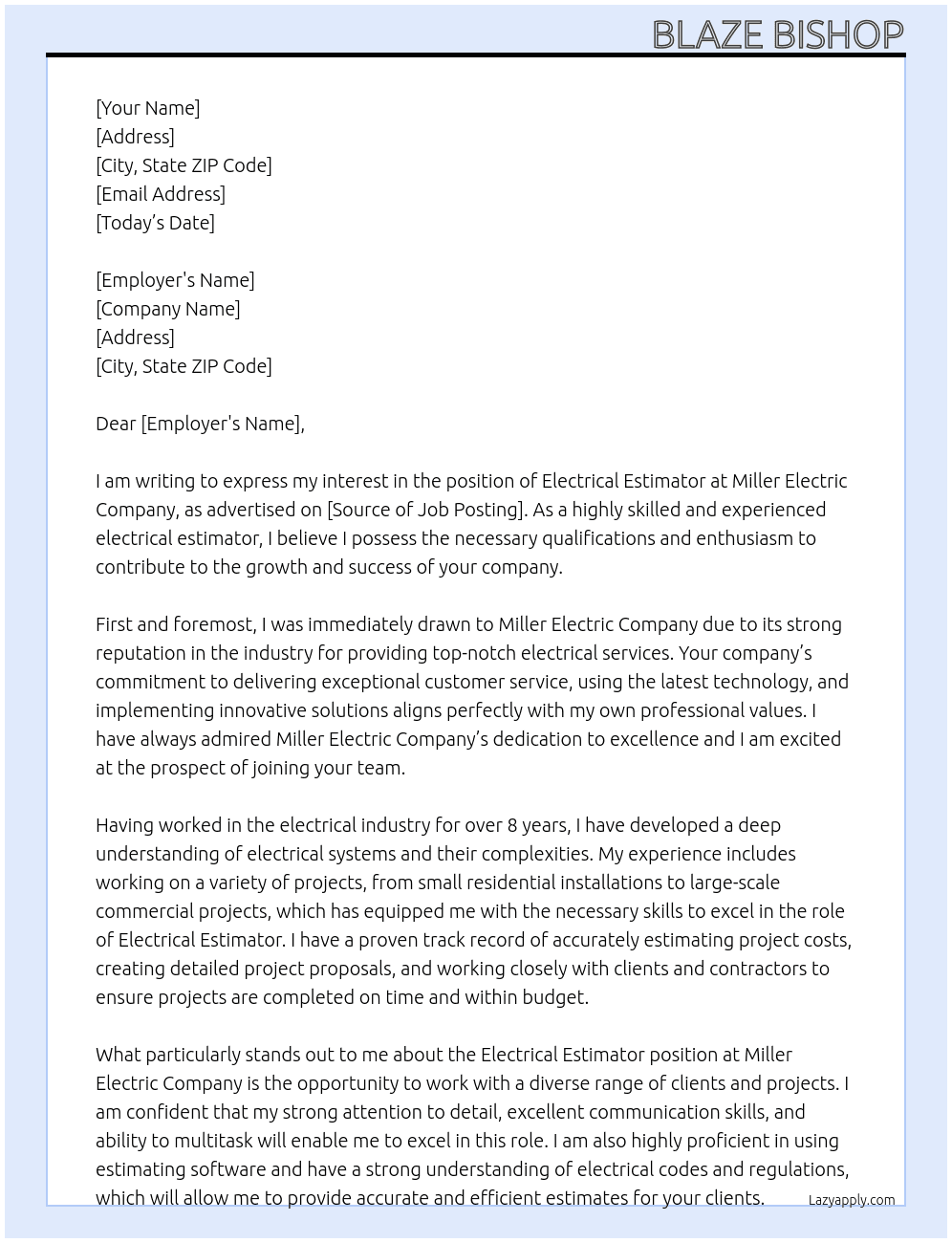 Electrical Estimator At Miller Electric Company Cover Letter
