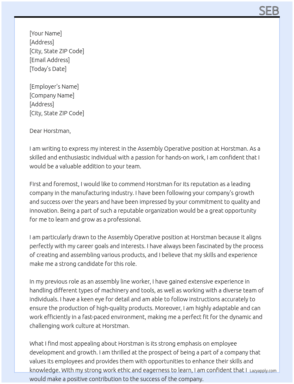 Assembly operative  At Horstman Cover Letter