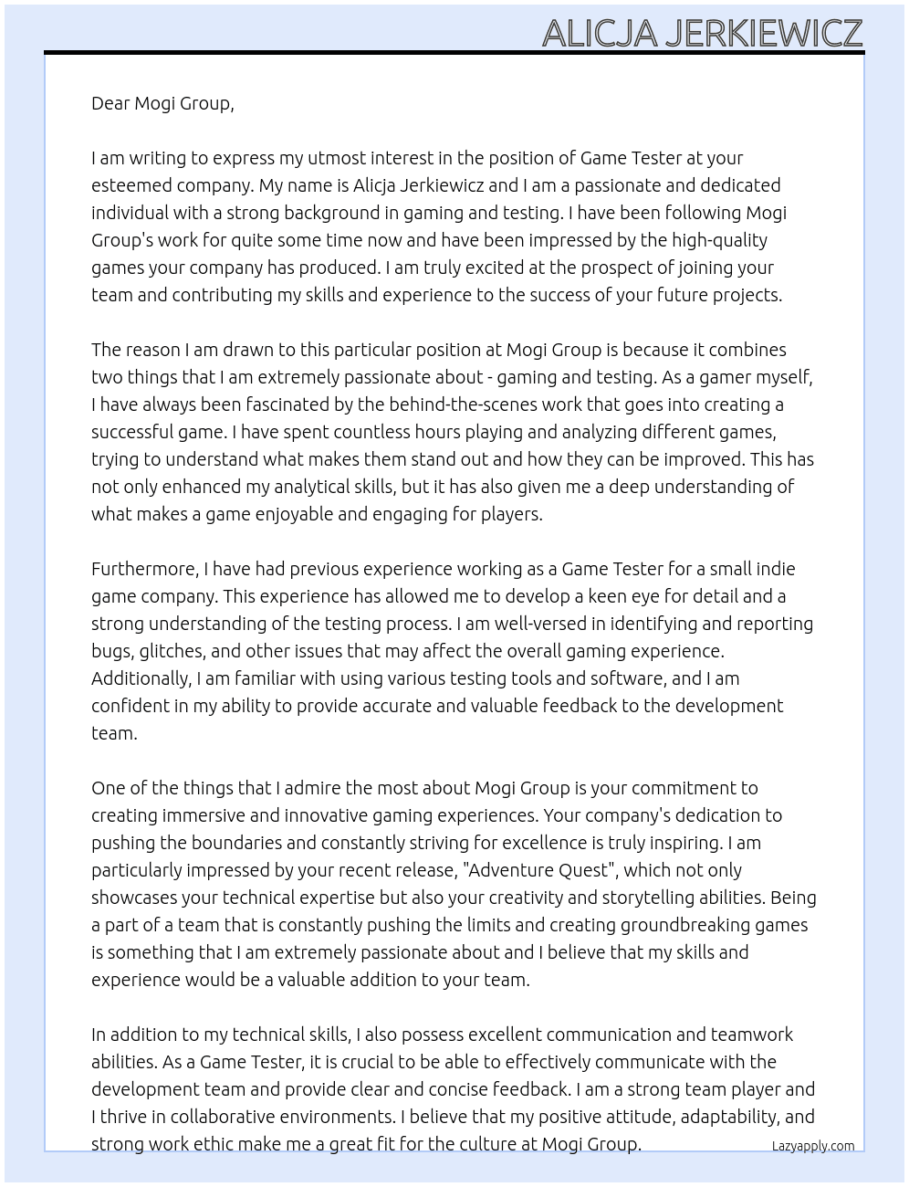 Game Tester At Mogi Group Cover Letter