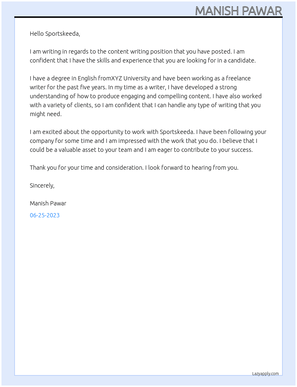 Content writing  At Sporrskeeda Cover Letter