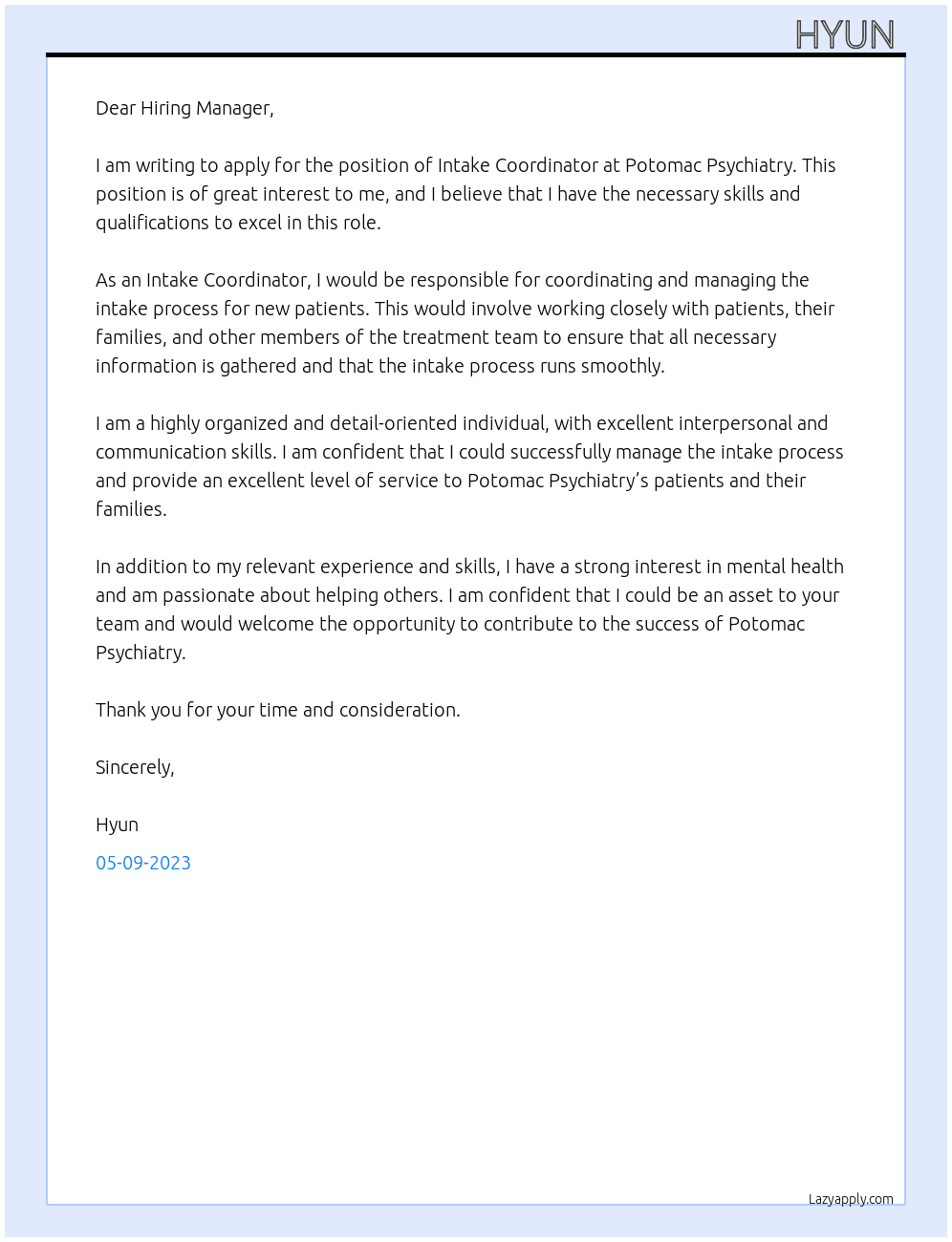 Intake Coordinator  At Potomac Psychiatry  Cover Letter