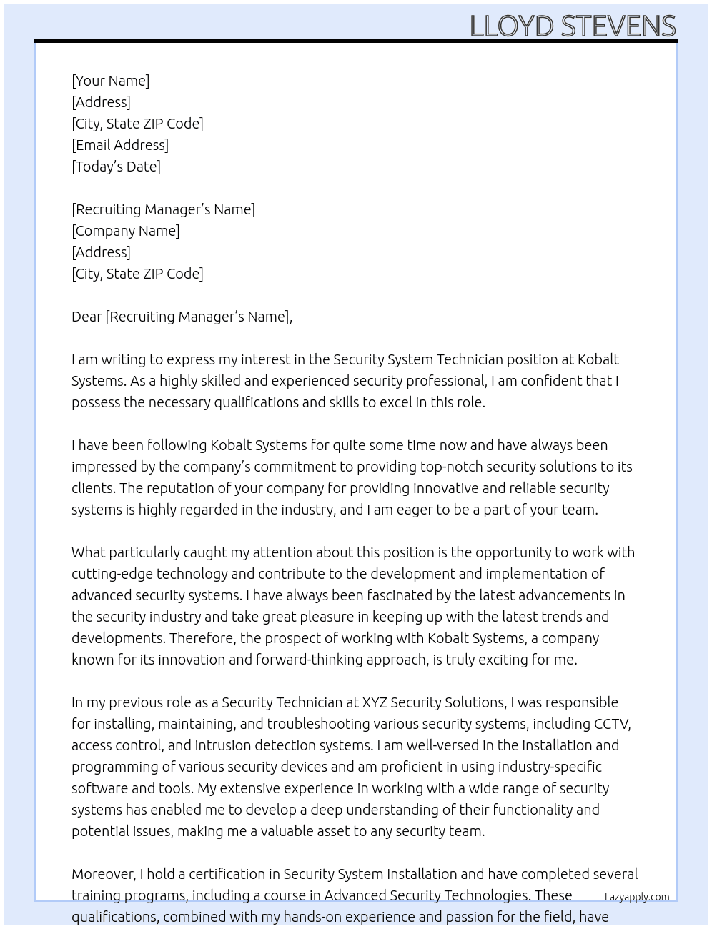 Security System Technician At Kobalt Systems Cover Letter
