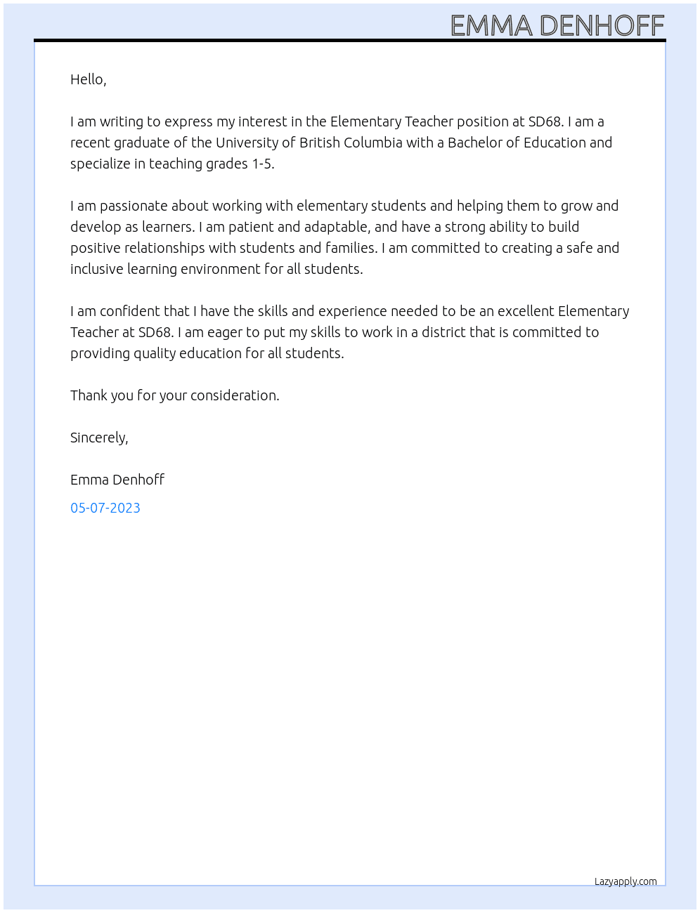 Elementary Teacher At SD68 Cover Letter