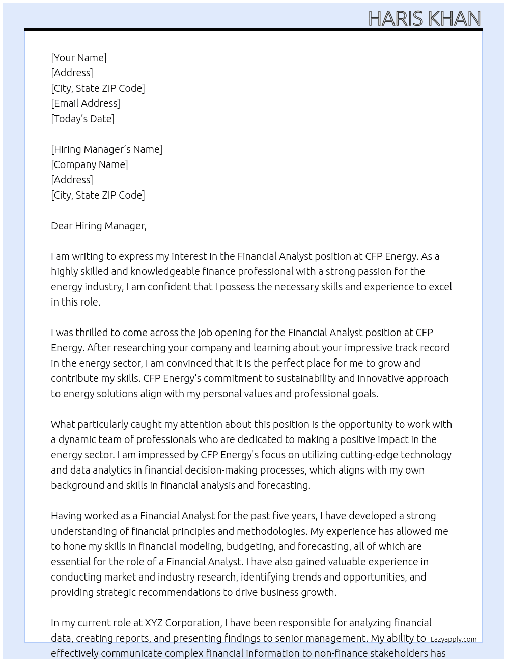 Financial analyst At CFP energy Cover Letter