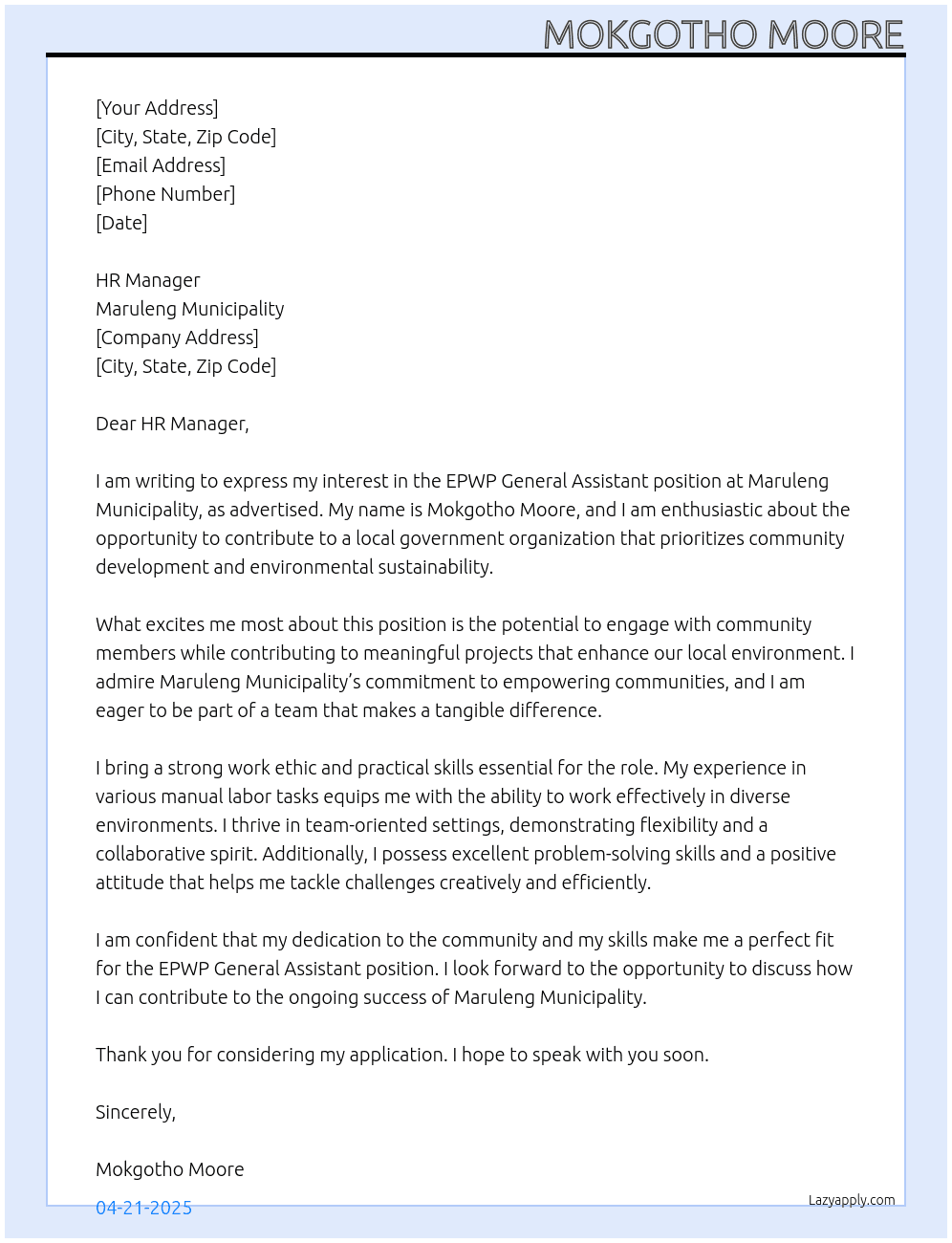 EPWP General Assistant At Maruleng Municipality Cover Letter