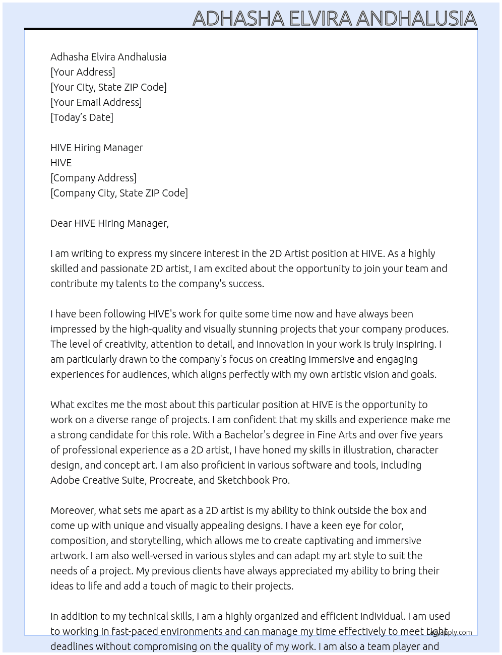 2D Artist At HIVE Cover Letter