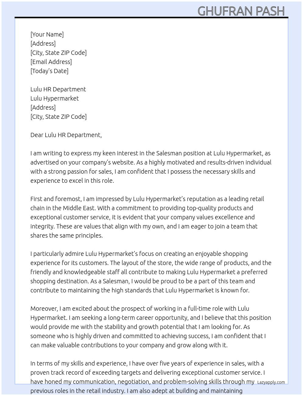Salesman At Lulu hypermarket Cover Letter