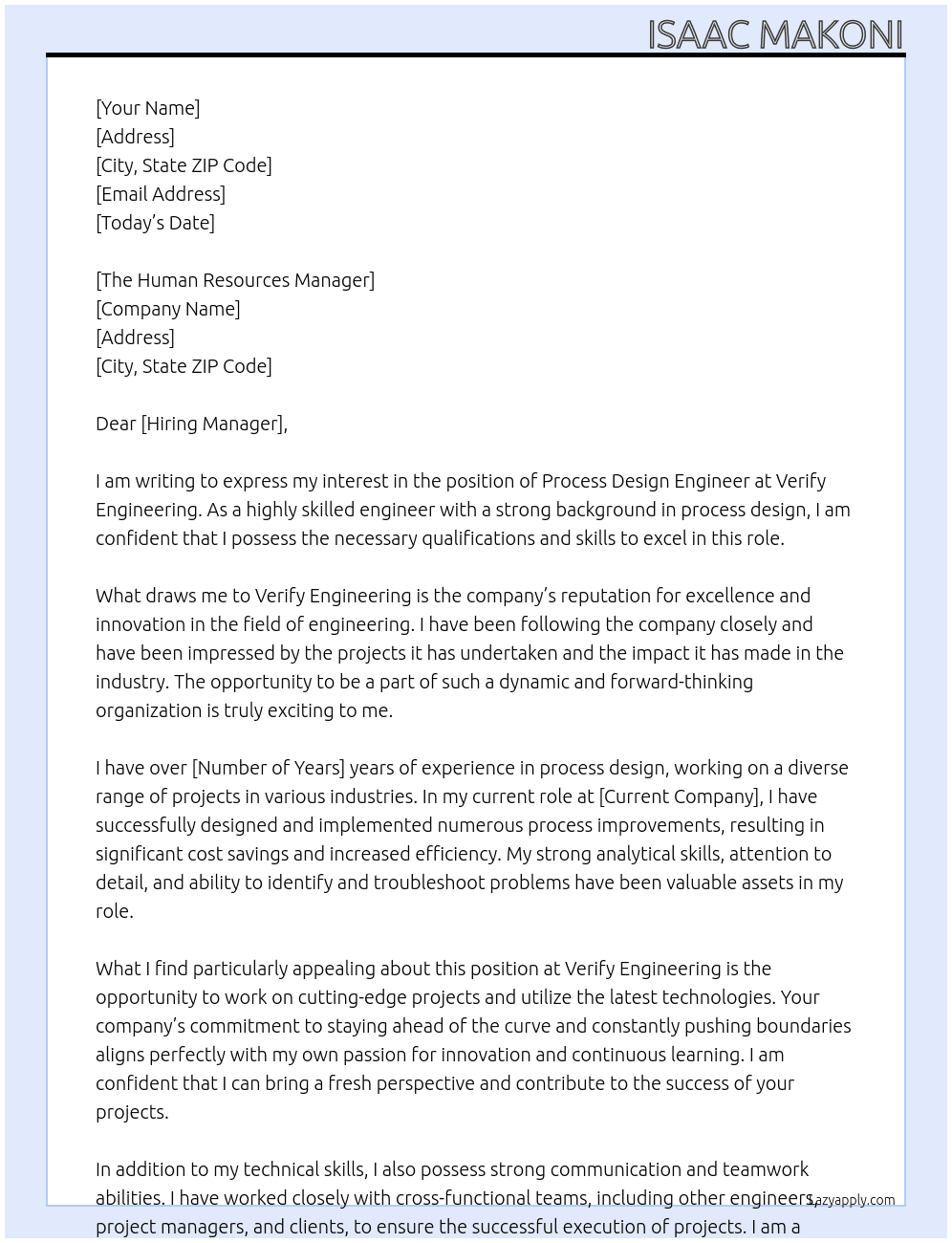 Process Design Engineer At Verify Engineering Cover Letter