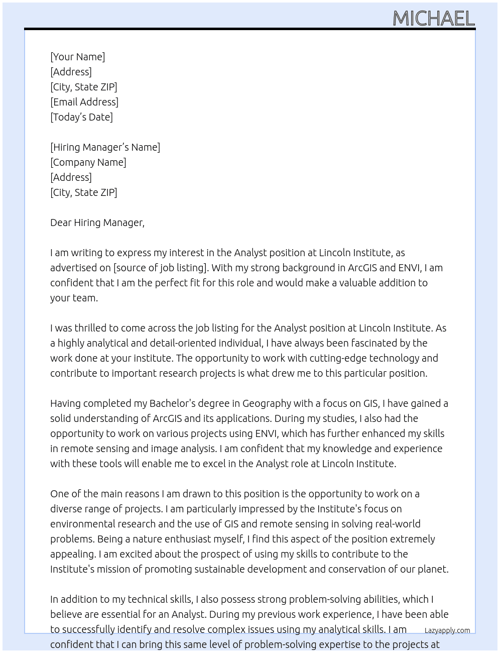 Analyst At Lincoln Institute Cover Letter