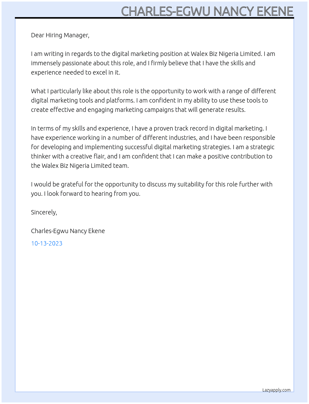 Digital marketer  At Walex Biz Nigeria Limited Cover Letter