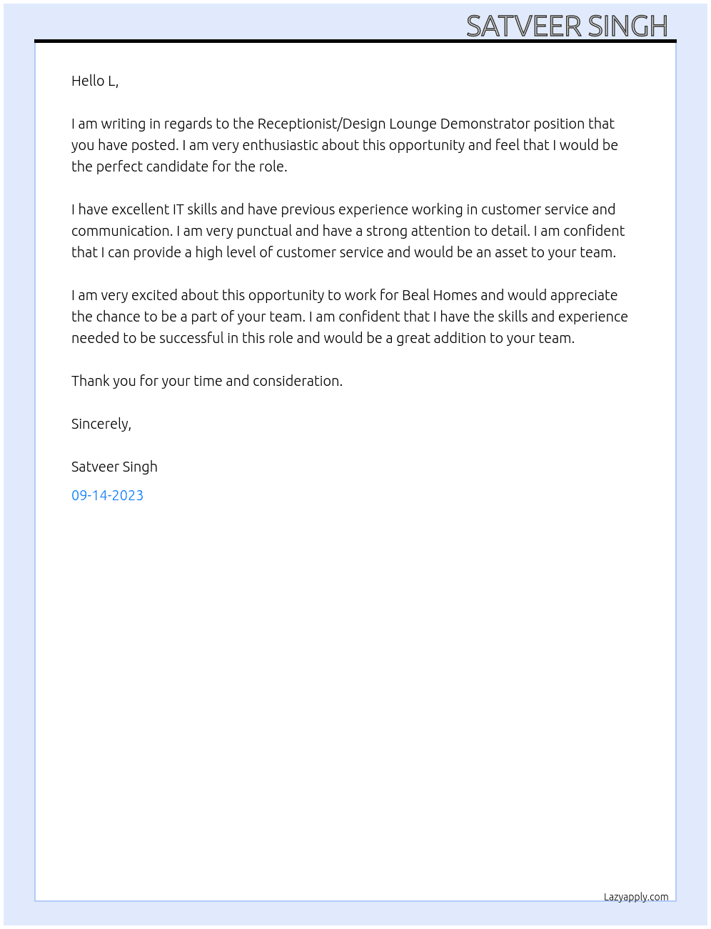 Receptionist / Design Lounge Demonstrator At Beal homes Cover Letter