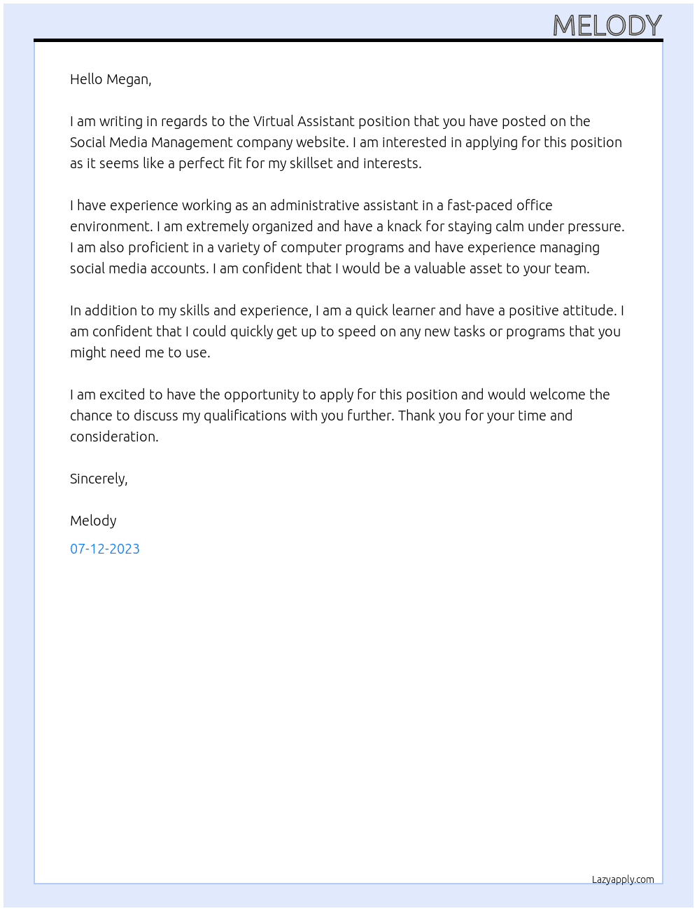 Virtual assistant At Social media management Cover Letter