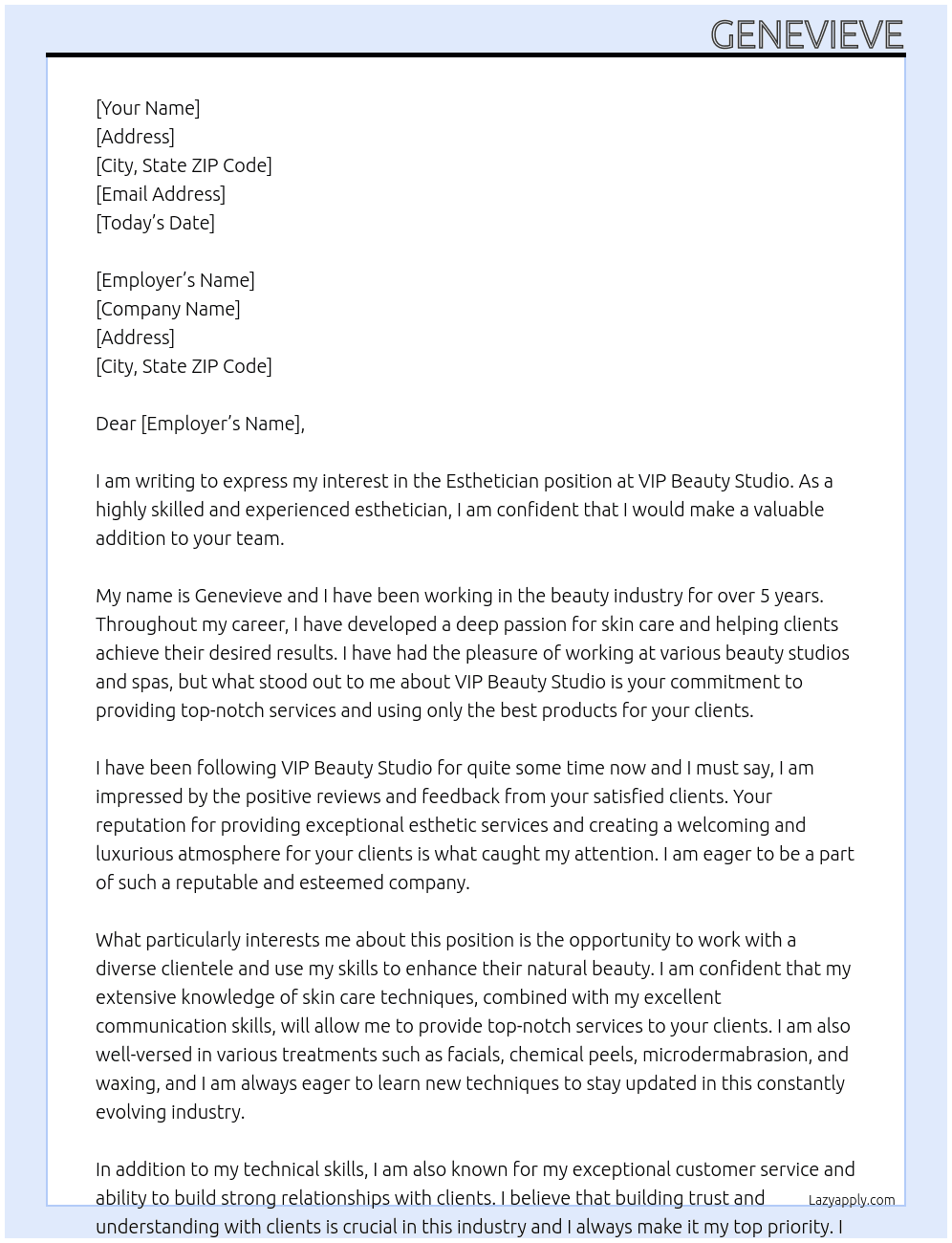 Esthetician At VIP Beauty Studio Cover Letter
