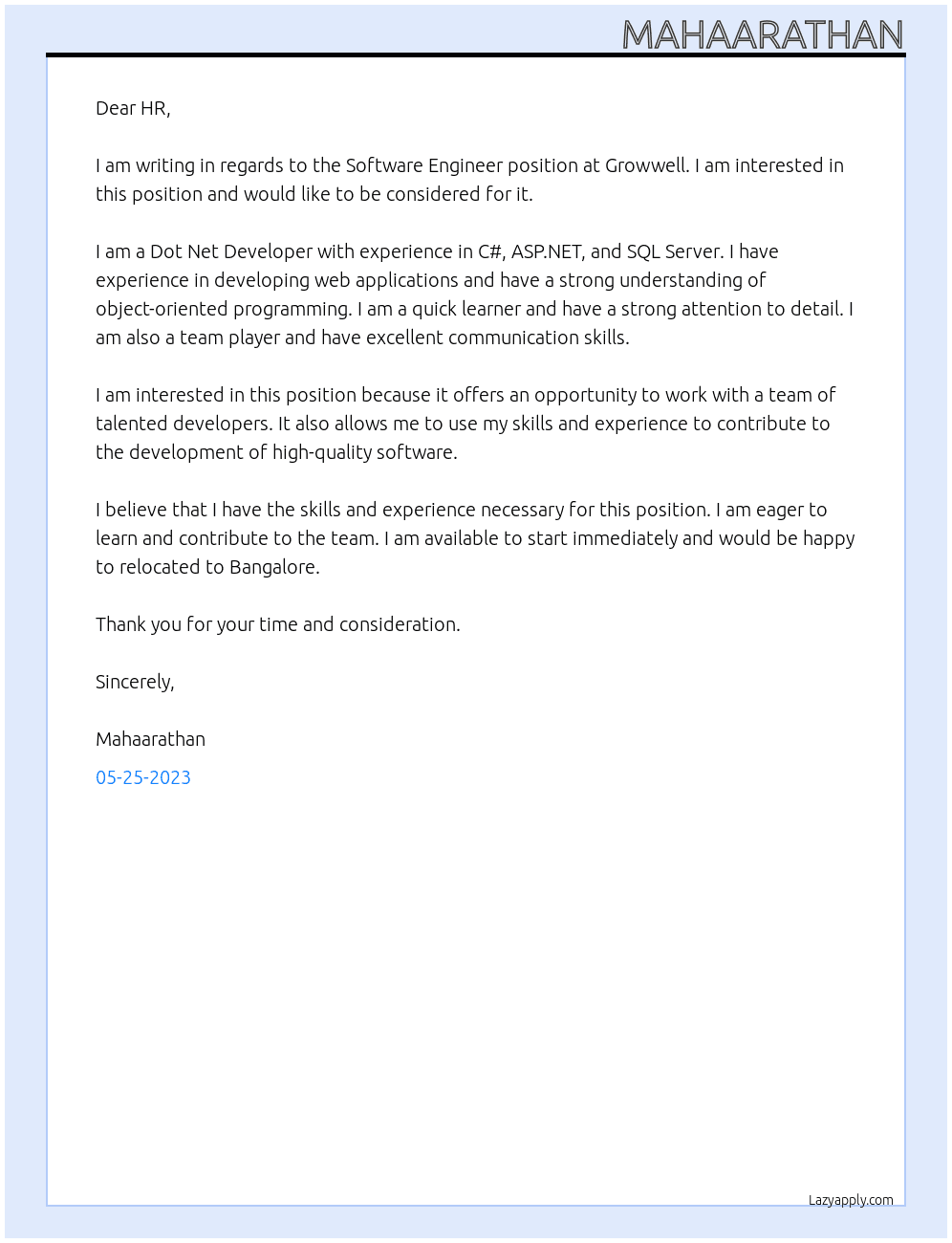 Software Engineer At Growwell Cover Letter