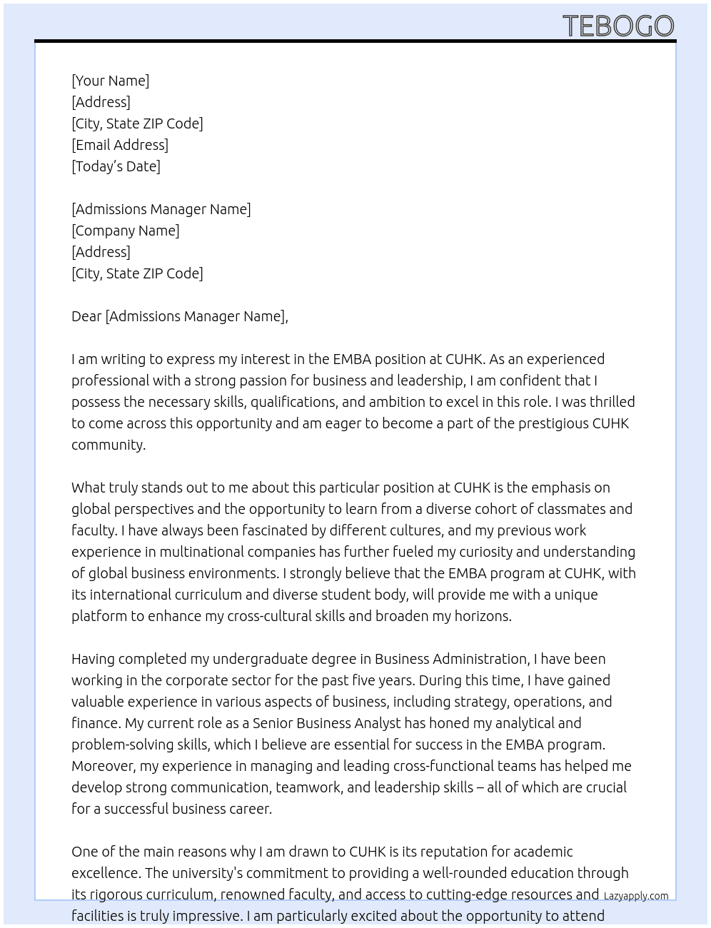 EMBA At CUHK Cover Letter