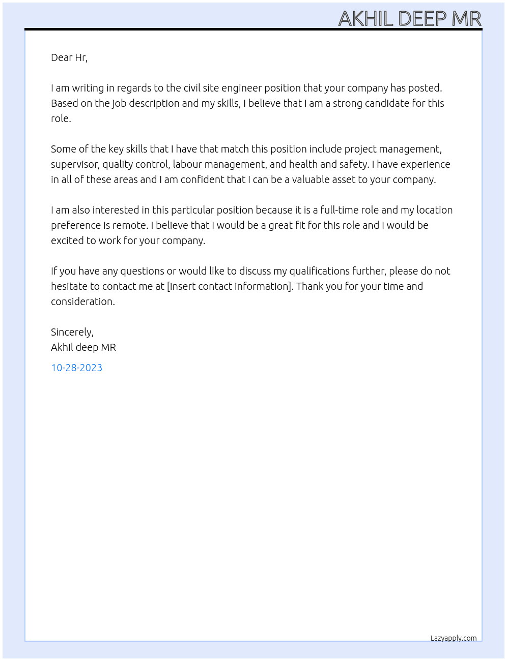 Civil site engineer At Construction company Cover Letter
