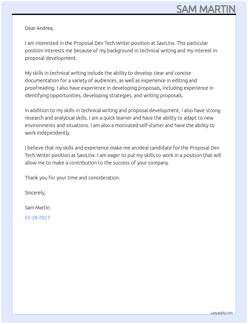 Proposal Dev Tech Writer At SaviLinx Cover Letter