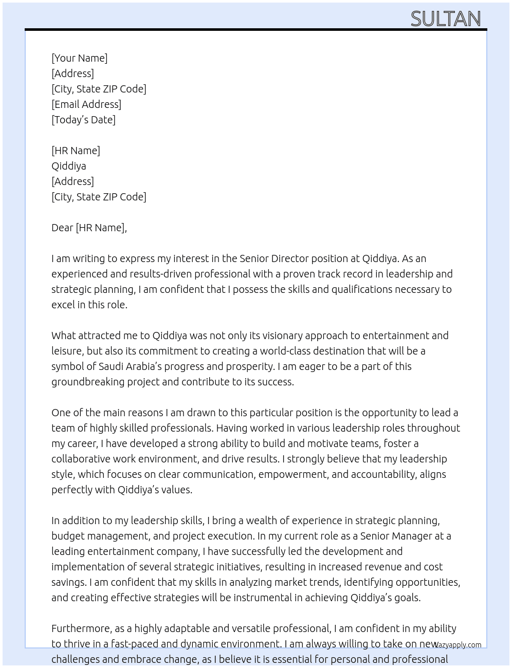 Senior Director At Qiddiya Cover Letter