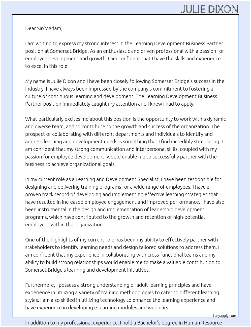 Learning development business partner At Somerset Bridge Cover Letter