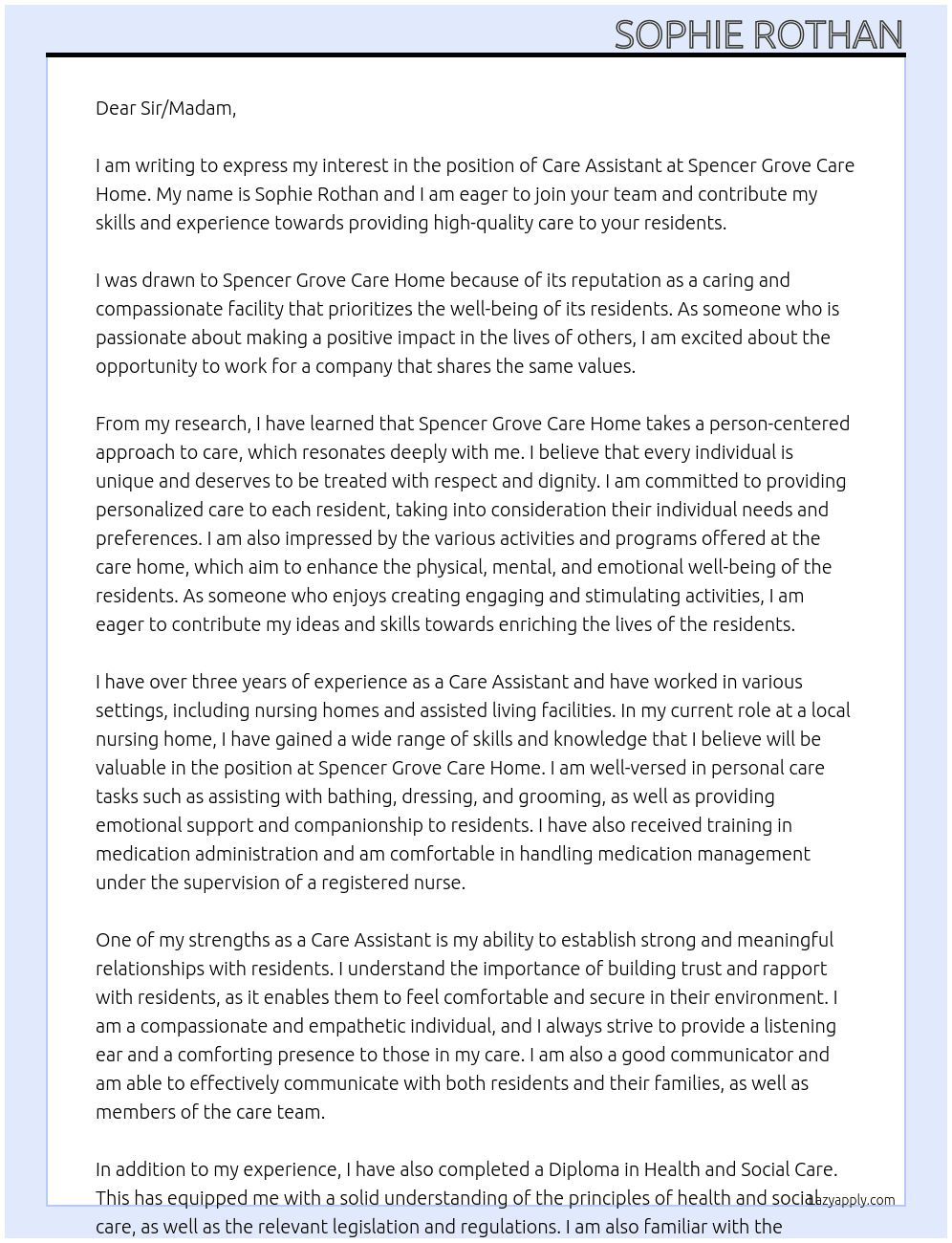 care assistant At spencer grove care home Cover Letter