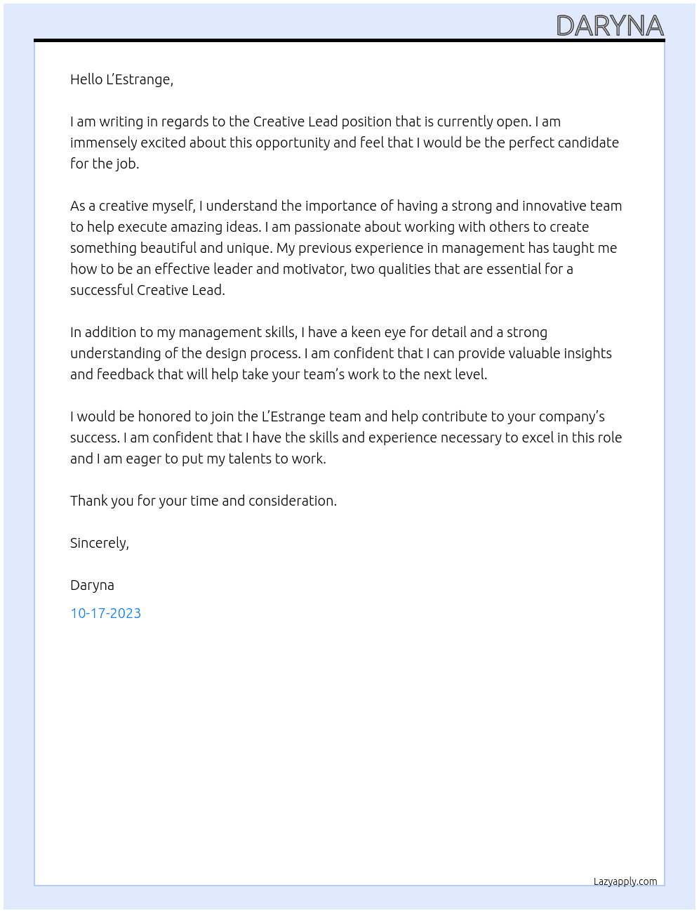 Creative Lead At L’Estrange Cover Letter