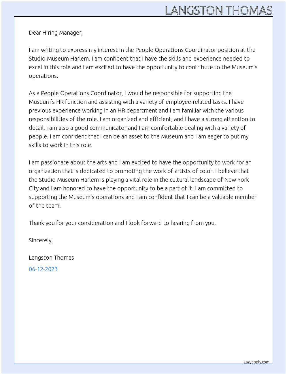 People Operations Coordinator At Studio Museum Harlem Cover Letter