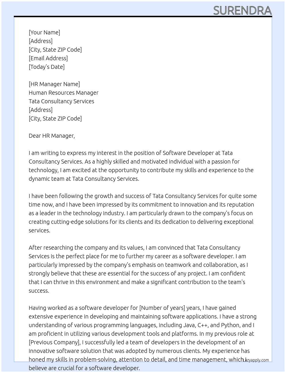 Software developer  At Tata consultancy service  Cover Letter