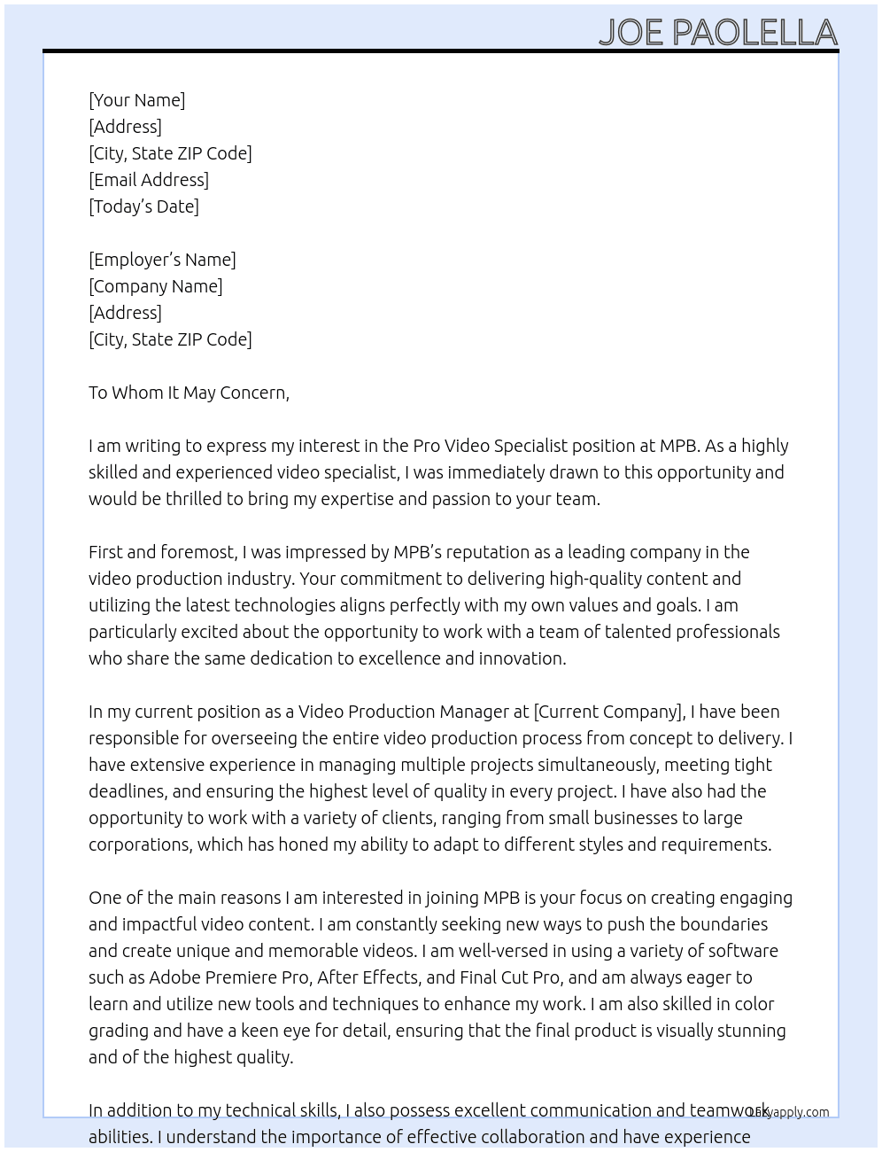 Pro Video Specialist At MPB Cover Letter
