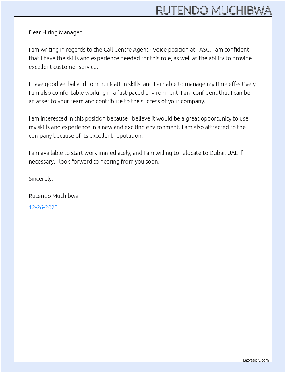 Call Centre Agent -Voice At TASC Cover Letter