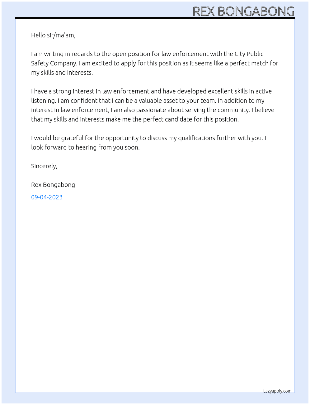 law enforcement At City Public Safety Company Cover Letter
